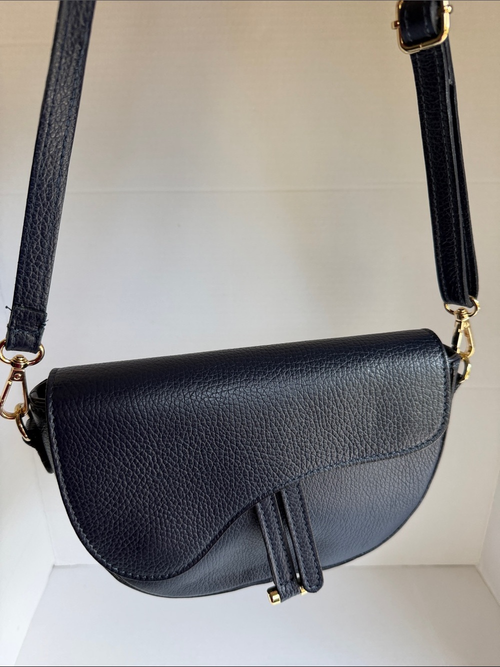 Dark blue Pebbled  Genuine Leather Saddle Crossbody with Gold Hardware